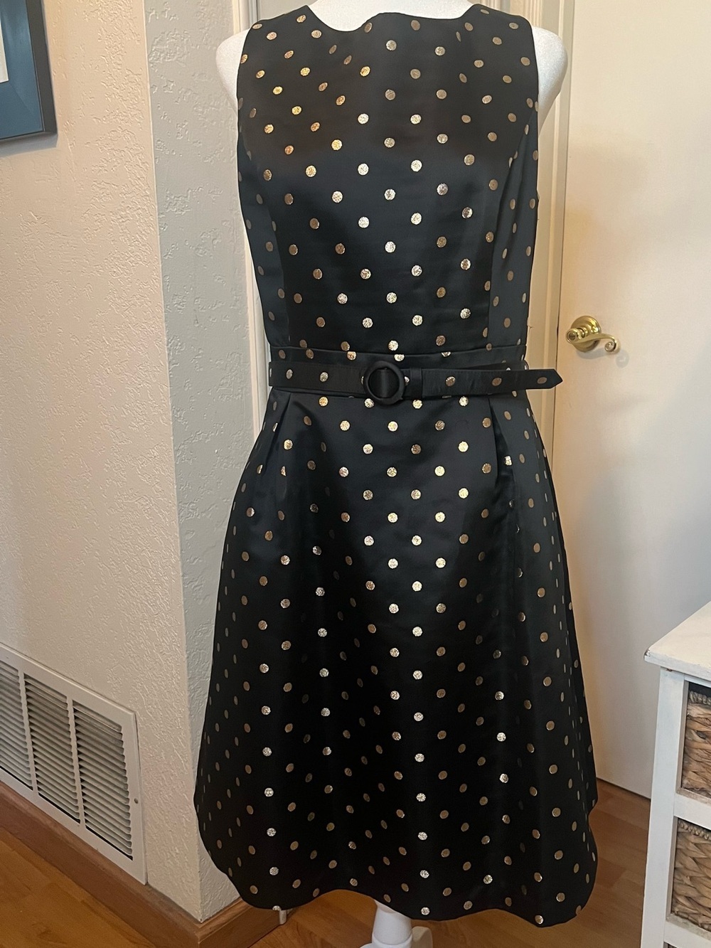 Black house white market Black Dress with Gold Polka Dots and Belt